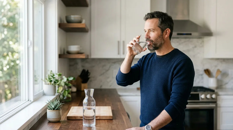 man drinking water in kitchen