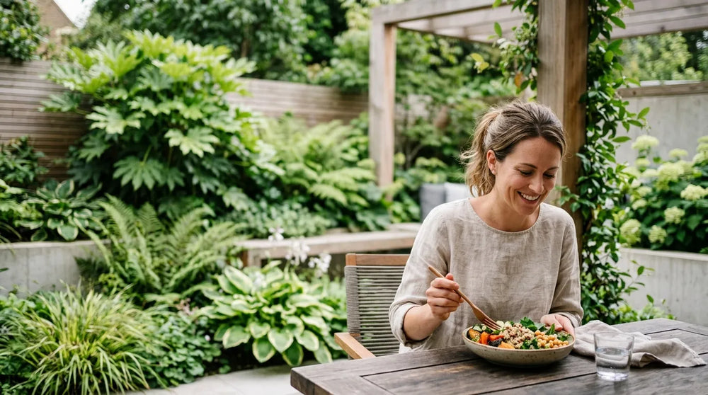 woman eating meal in garden