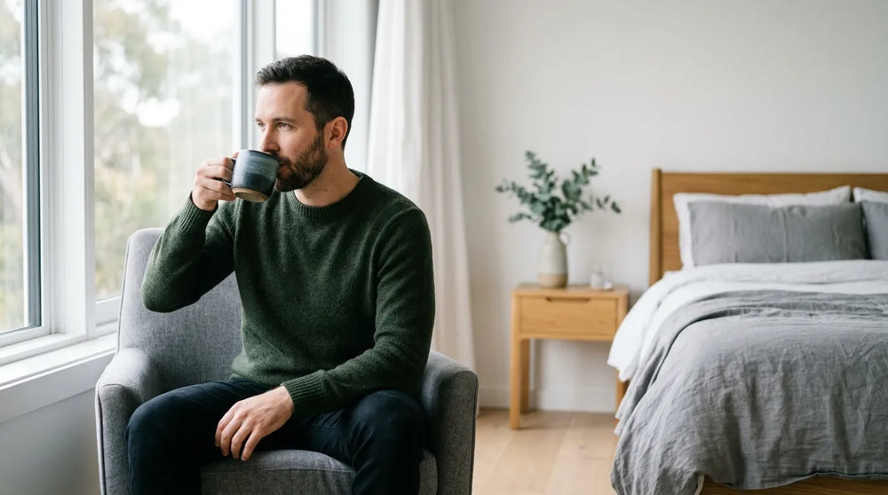 man drinking tea in bedroom