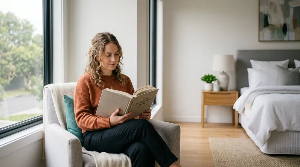 woman reading book in bedroom