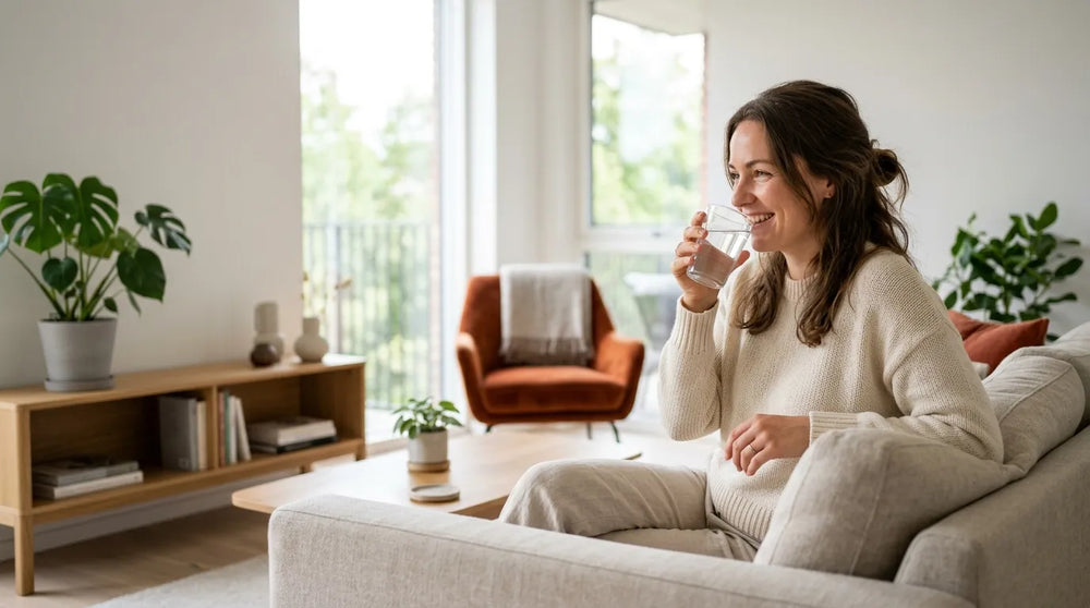 woman drinking water in living room