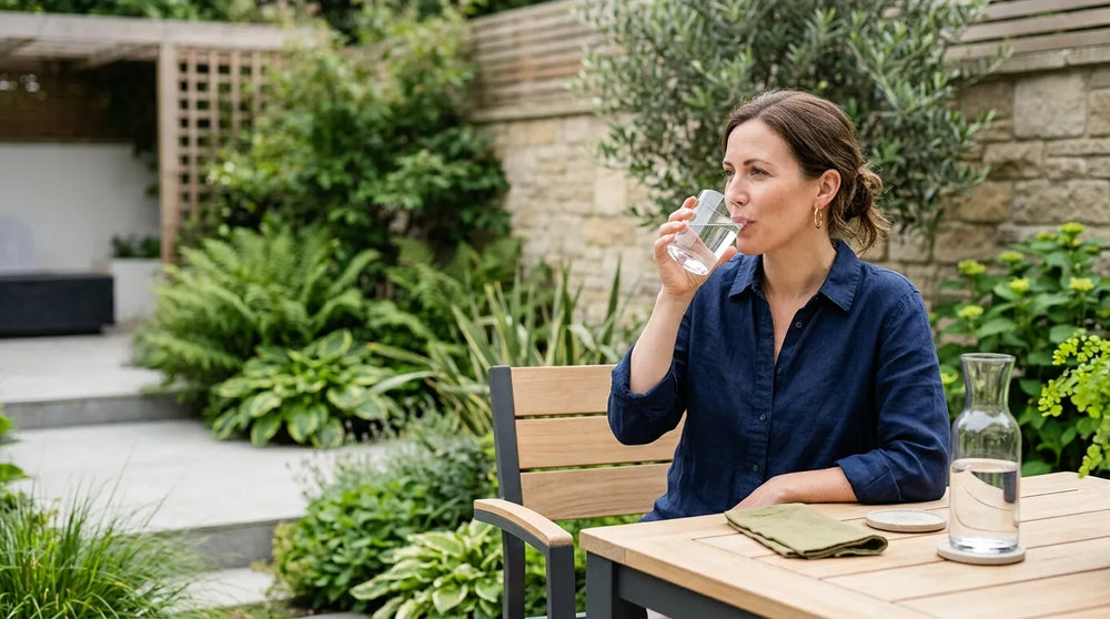 woman drinking water in garden
