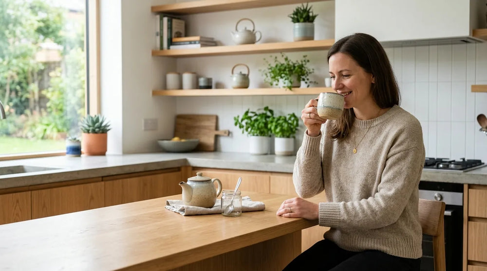 woman drinking tea in kitchen