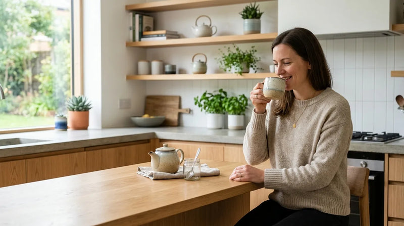 woman drinking tea in kitchen