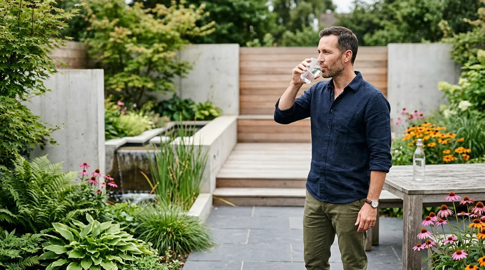 man drinking water in garden
