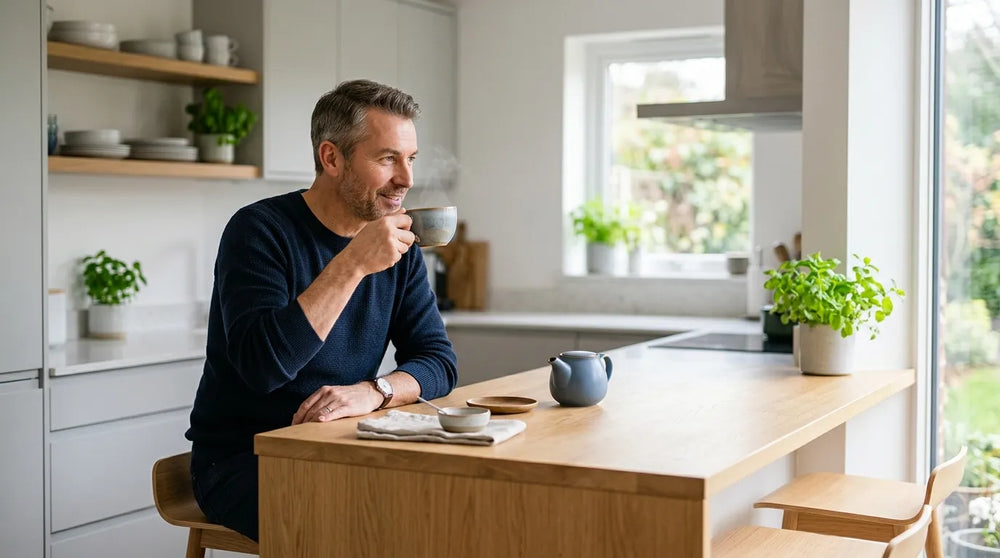 man drinking tea in kitchen