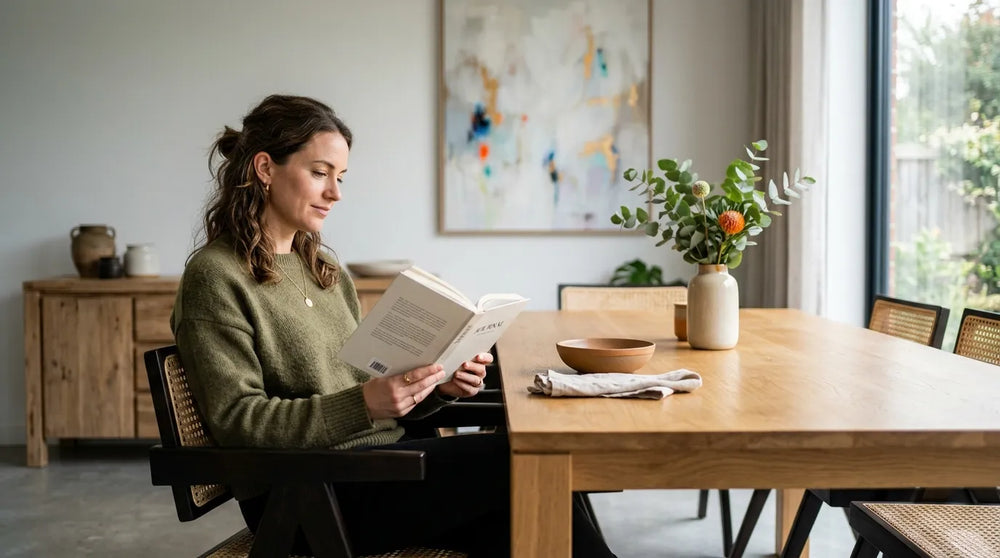 woman reading book in dining room