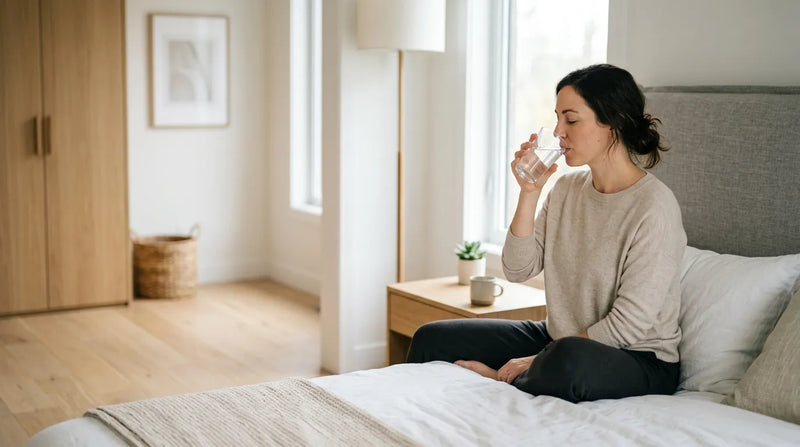 woman drinking water in bedroom
