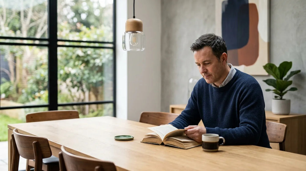 man reading book in dining room
