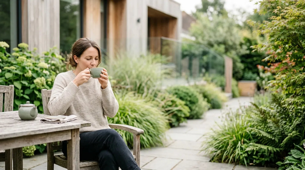 woman drinking tea in garden