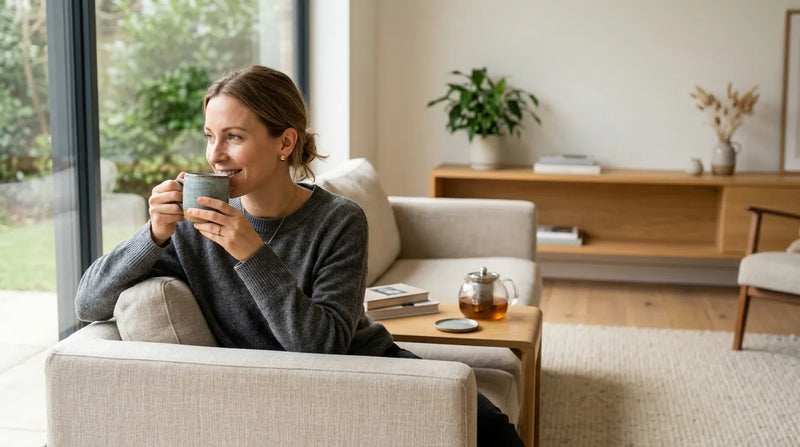 woman drinking tea in living room