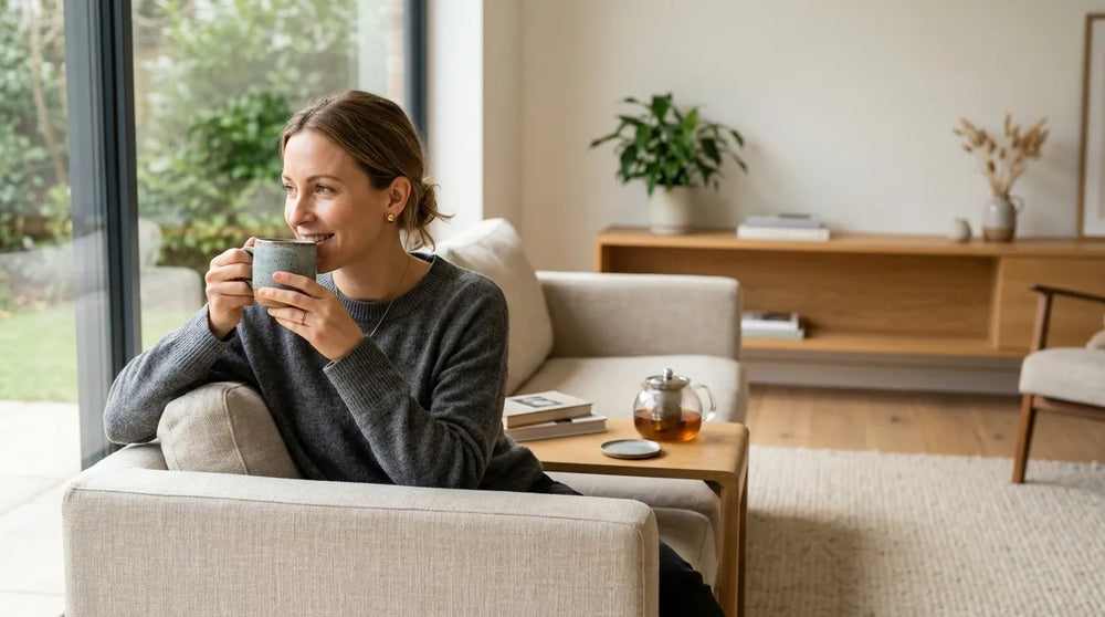 woman drinking tea in living room