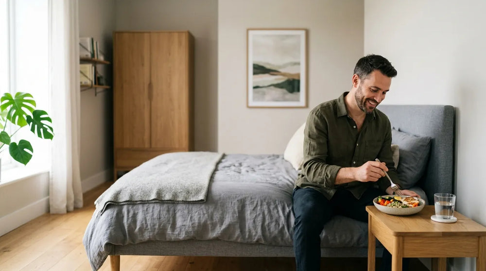 man eating meal in bedroom