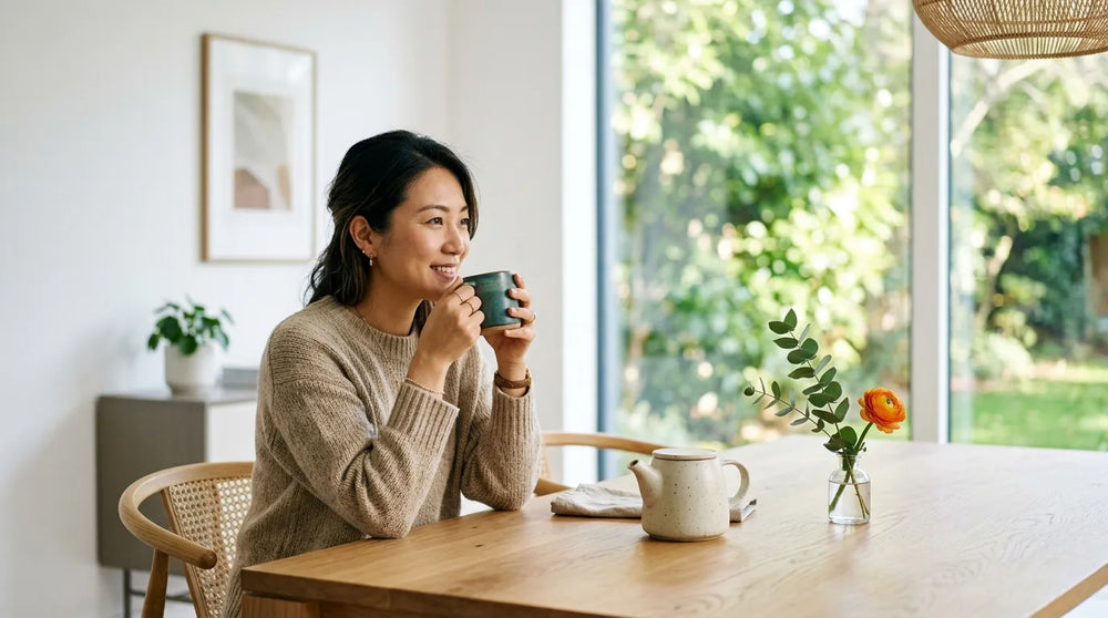 woman drinking tea in dining room