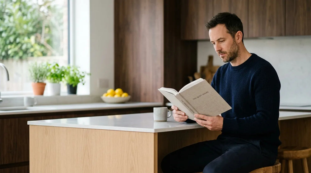 man reading book in kitchen