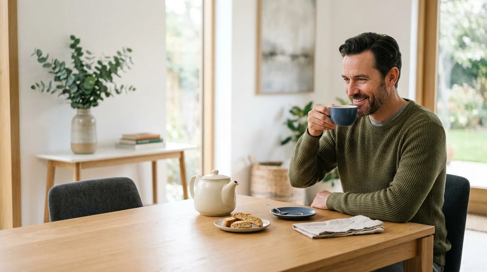 man drinking tea in dining room