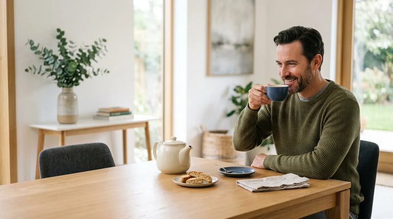 man drinking tea in dining room