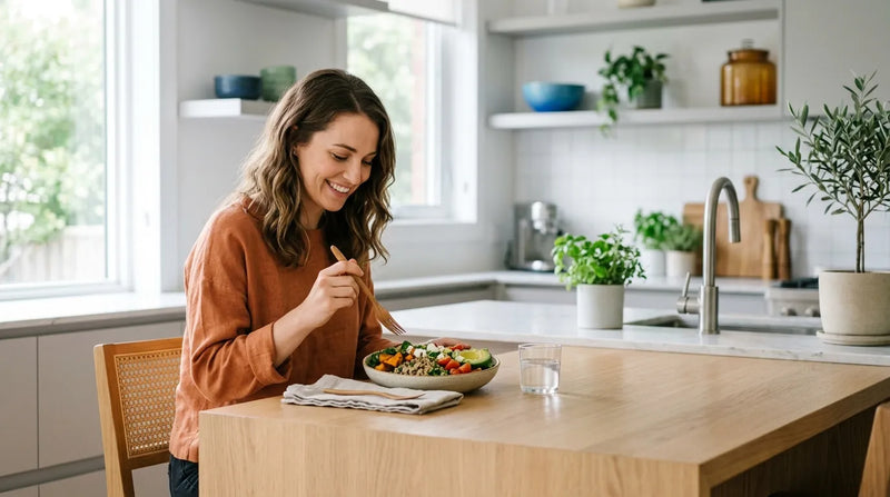 woman eating meal in kitchen