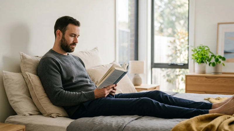 man reading book in bedroom