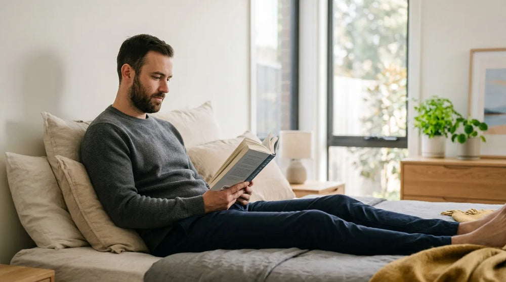 man reading book in bedroom
