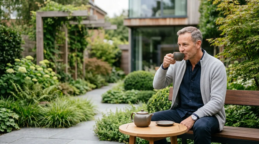 man drinking tea in garden