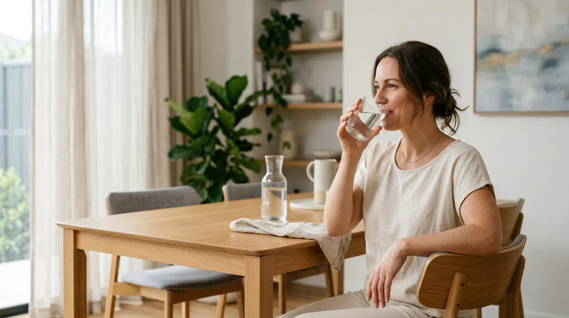 woman drinking water in dining room