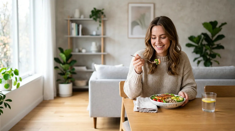 woman eating meal in living room