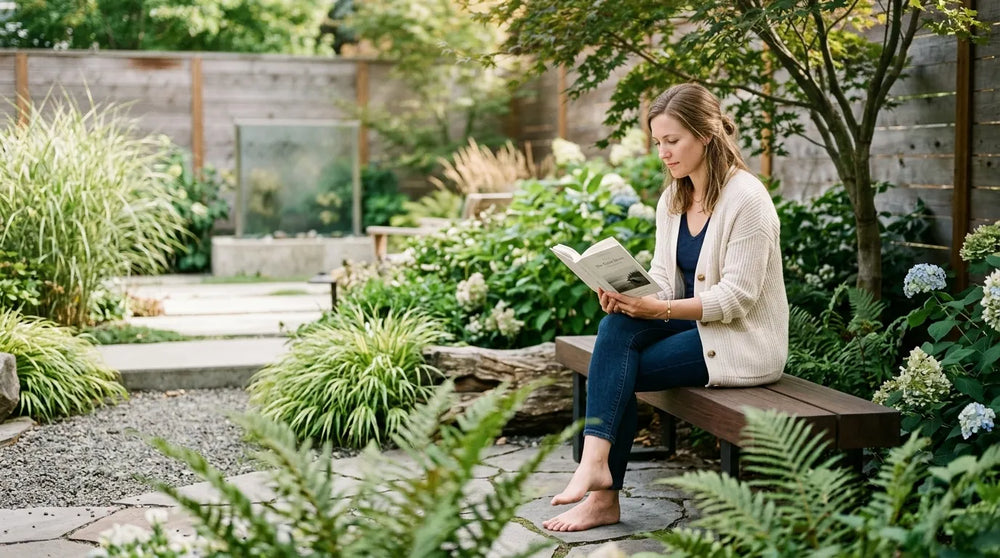 woman reading book in garden