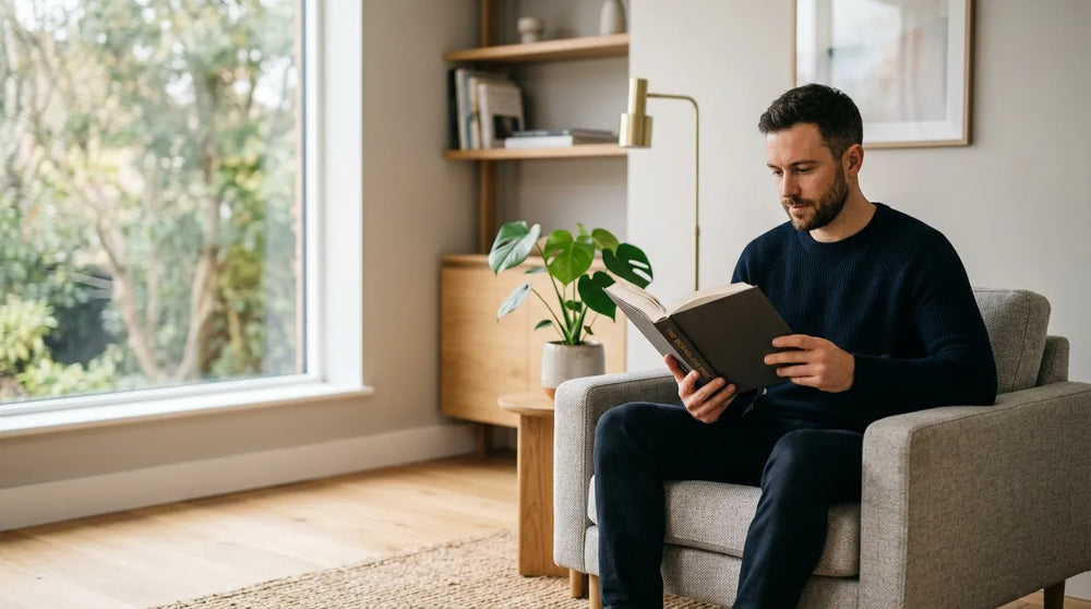 man reading book in living room