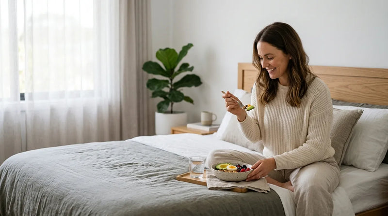 woman eating meal in bedroom