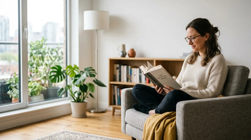 woman reading book in living room