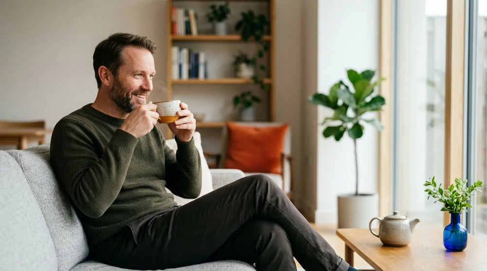 man drinking tea in living room