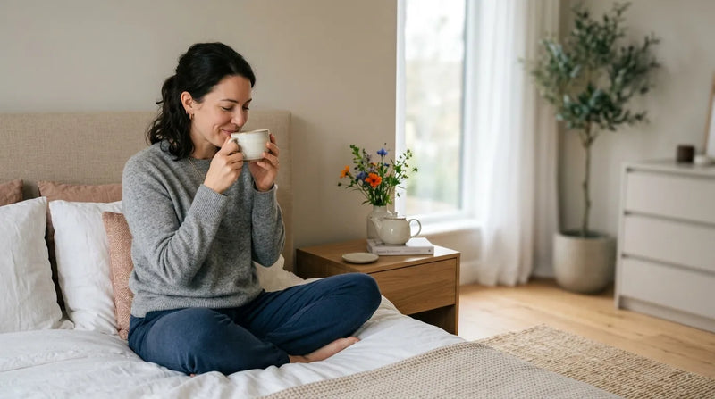 woman drinking tea in bedroom
