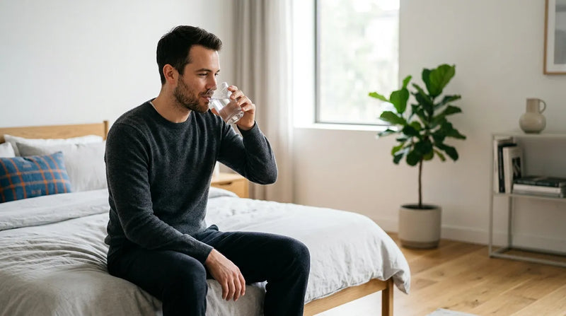 man drinking water in bedroom