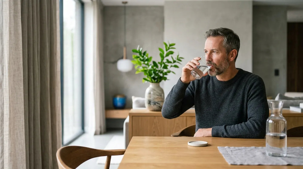 man drinking water in dining room