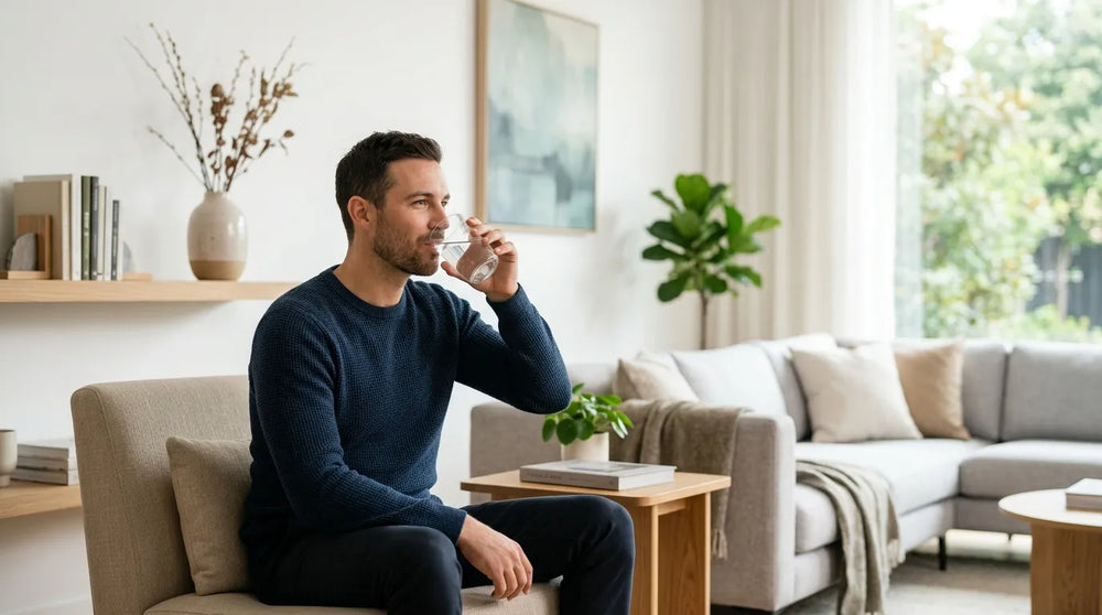 man drinking water in living room