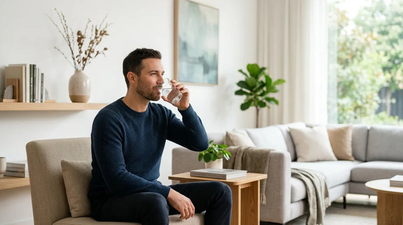 man drinking water in living room