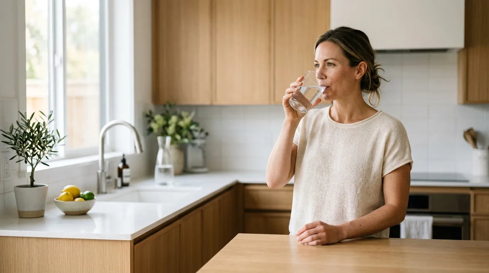 woman drinking water in kitchen